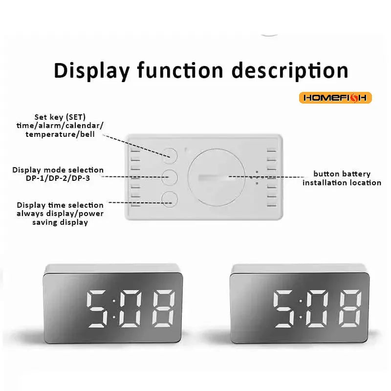 LED Mirror Desk Alarm Clock with USB Night Light & Snooze LED Alarm Clock Babs