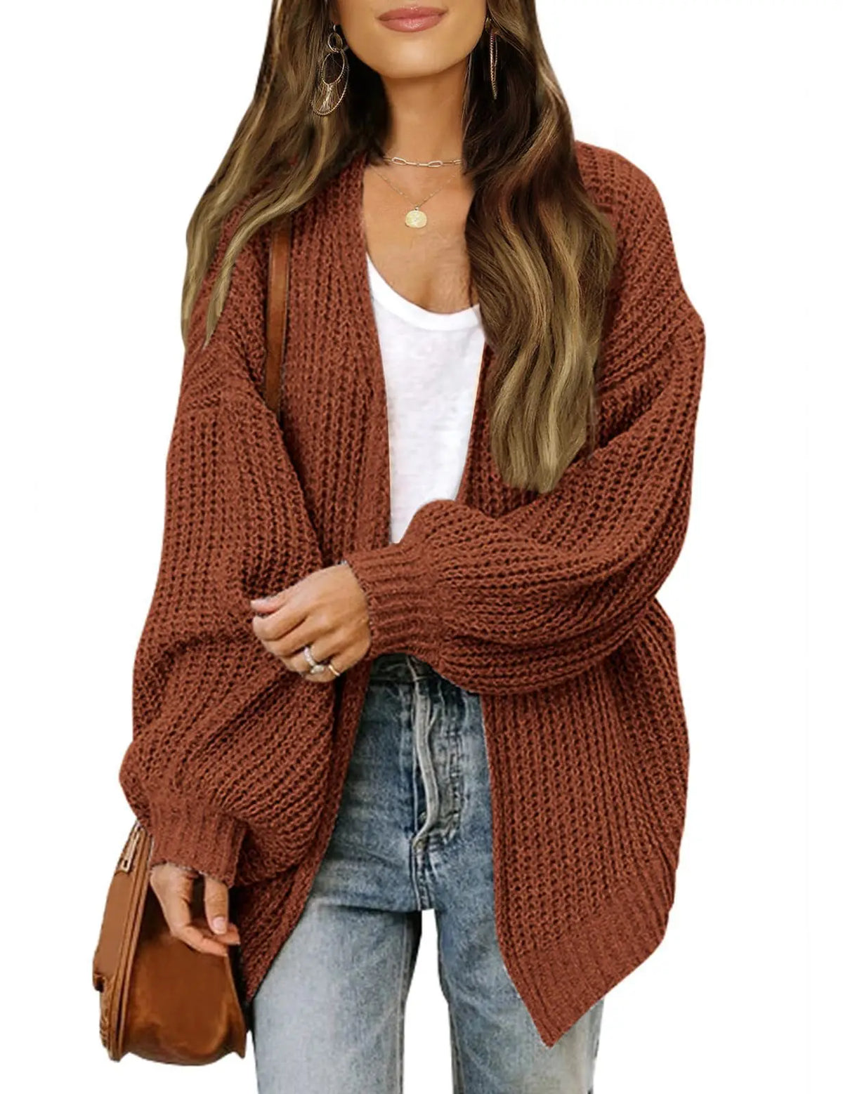 Women's Lantern Sleeve Thick-Knit Cardigan – Loose V-Neck Coat Knit Cardigan Sweater Babs XXL Caramel