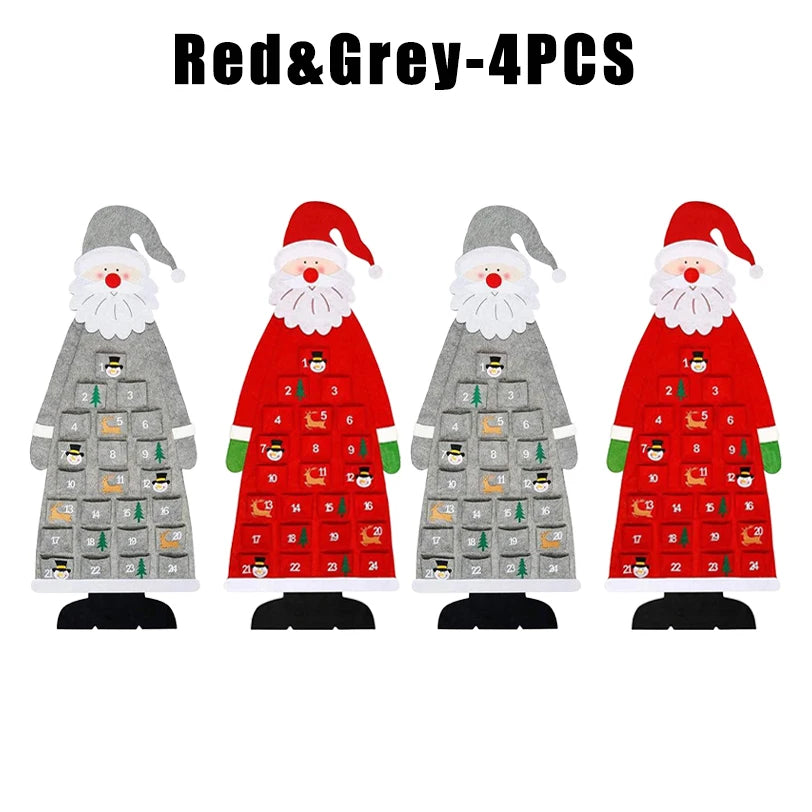 Santa Claus Felt Advent Calendar Christmas Wall Hanging Decor Advent Calendar Babs L Grey and Red 4PCS