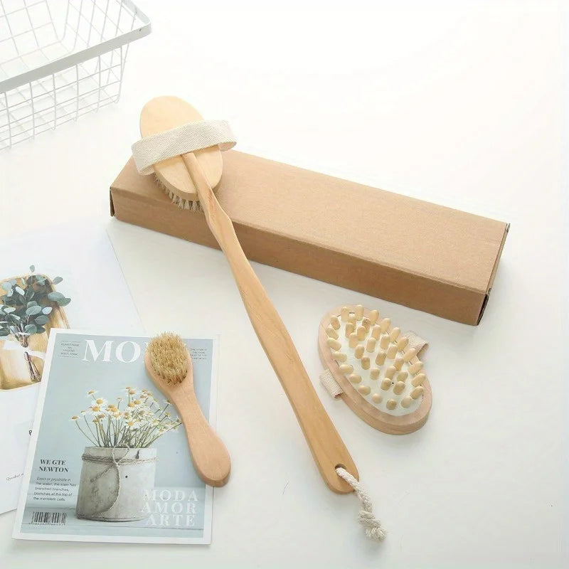 Natural Bristle Body Brush Set – 3-Piece Home Spa Kit Body Brush Set Babs