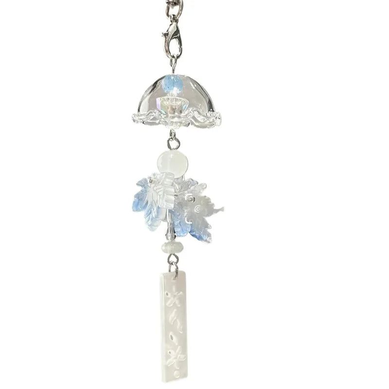 Floral Bell Bag Charm Pom Pom Tassel Keychain | Engraved Tag Bag Charm Keychain Babs blue