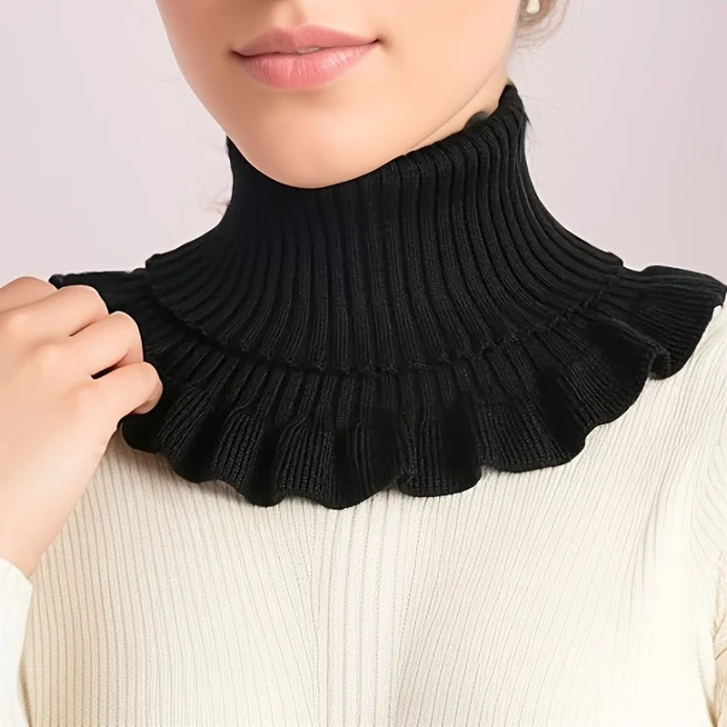 Black & White Knitted Faux Neck Scarf – Ruffle Edge Women Faux Neck Scarf Babs black
