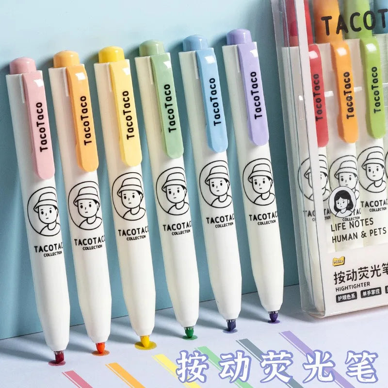 Retractable Highlighter Pens 6-Pack | Pastel Cartoon Colors Highlighter Pen Set Babs