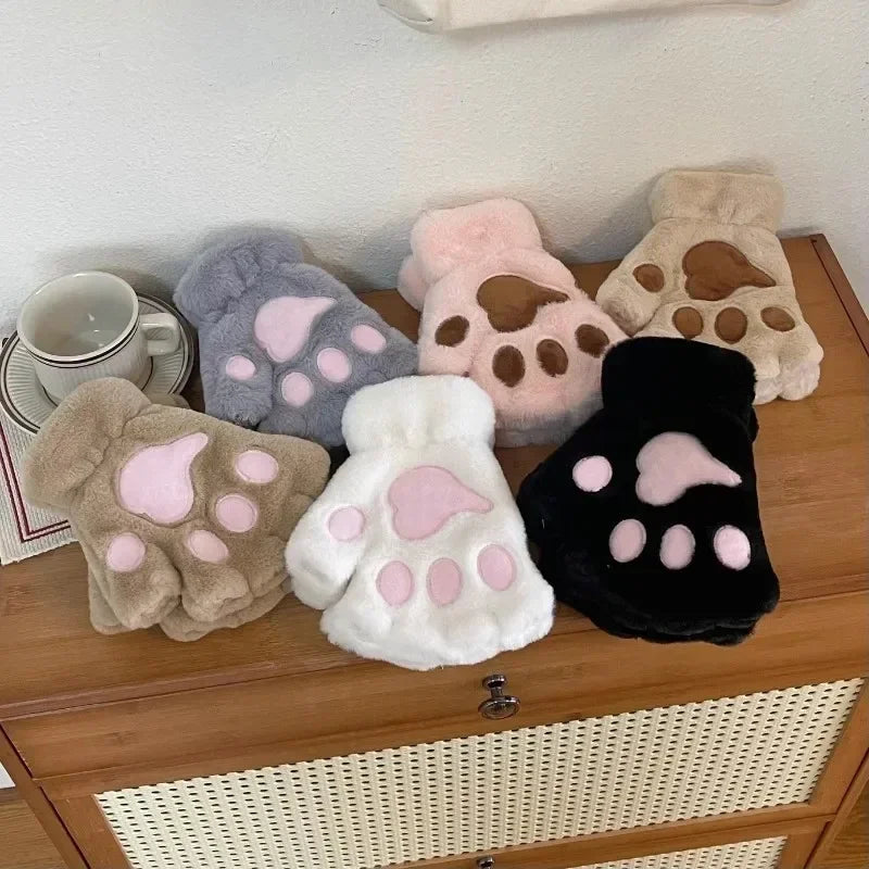 Plush Cat Paw Mittens – Soft Fluffy Half Finger Gloves Plush Fingerless Gloves Babs