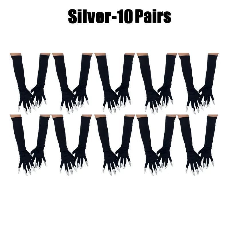 Scary Witch Claw Halloween Gloves – Long Nail Costume Mittens Halloween Costume Gloves Babs Silver-10Pairs One Size