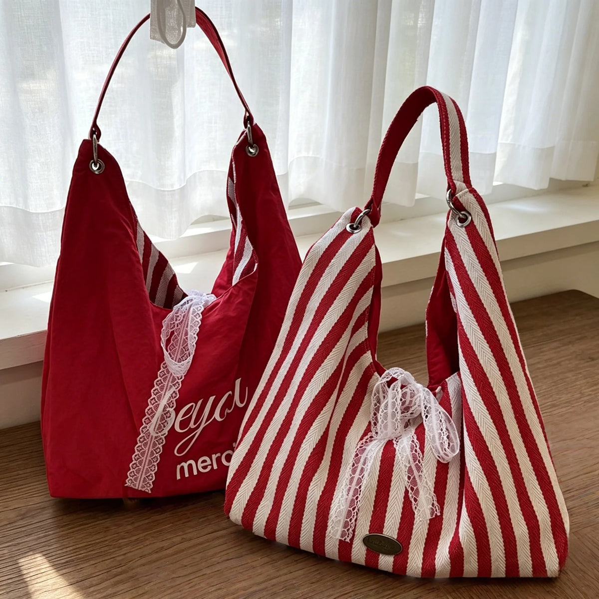 Double-Sided Women's Tote Bag – Striped Lace Bow Shoulder Bag Women's Tote Bag Babs