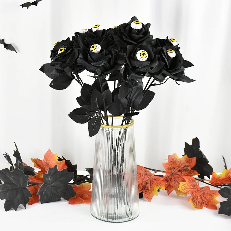 Halloween Artificial Black Roses with Eyeball – DIY Bouquet Decor Artificial Halloween Flowers Babs