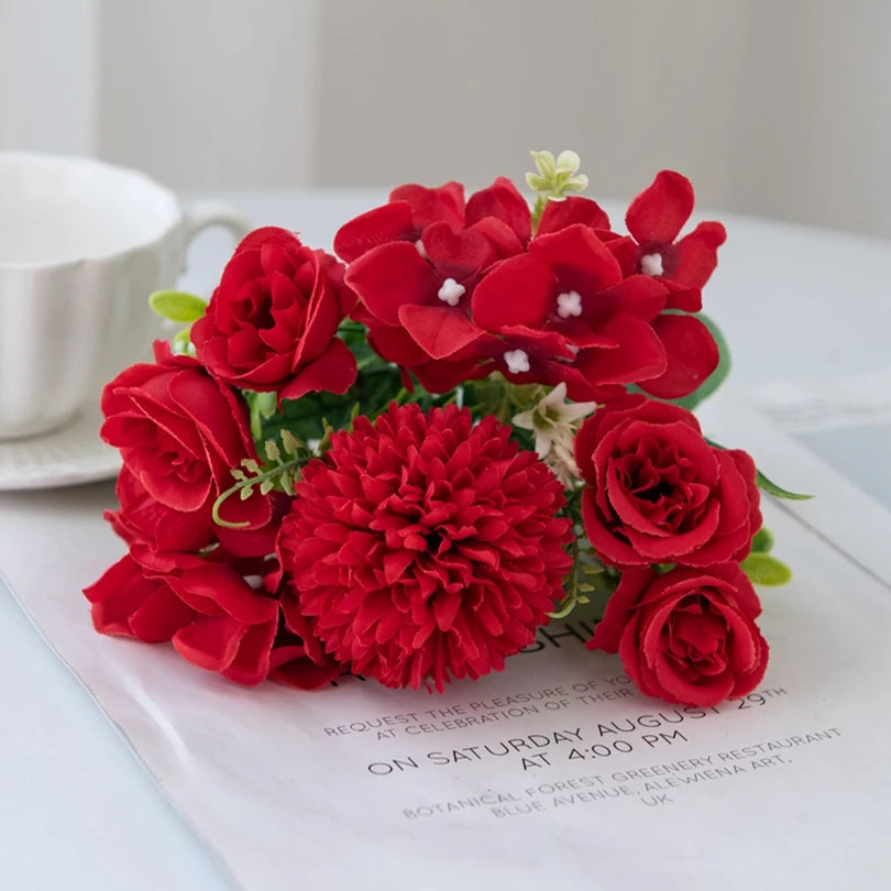 Silk Rose Chrysanthemum Artificial Bridal Bouquet | Wedding Décor Artificial Flower Bouquet Babs Red 3 pcs
