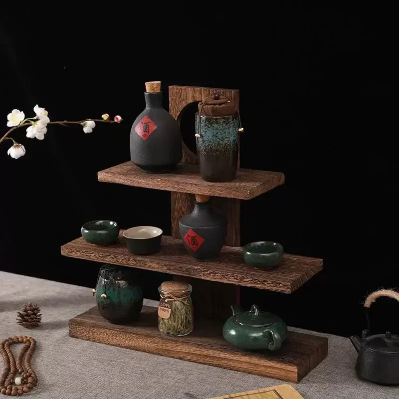 Tiered Solid Wood Tea Display Stand | Oriental Desktop Organizer Display Storage Rack Babs