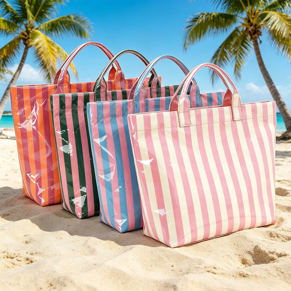Large Striped PVC Tote Bag – Waterproof Glossy Handbag PVC Tote Bag Babs