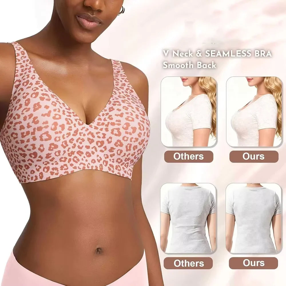Pink Leopard Deep V Push Up Wireless Bra | Seamless Bralette Wireless Push Up Bra Babs