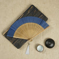 Bamboo Folding Fan | Carved Handle, Batik Cloth & Tassel Gift Decorative Folding Fan Babs blue-wood