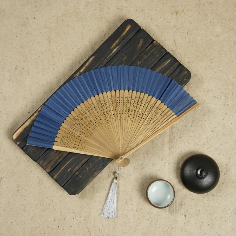 Bamboo Folding Fan | Carved Handle, Batik Cloth & Tassel Gift Decorative Folding Fan Babs blue-wood