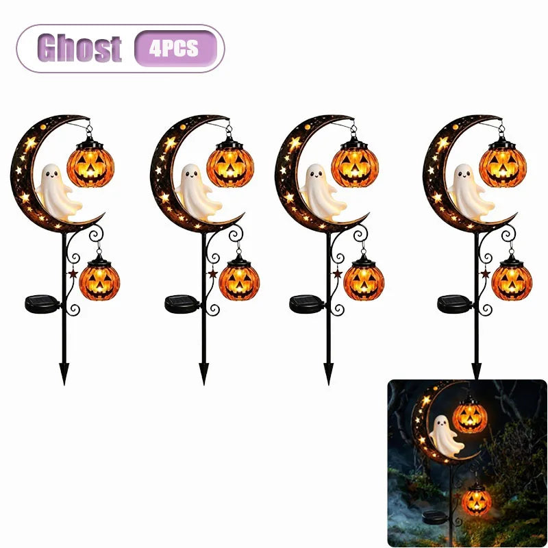 Solar Halloween Stake Lights – Black Cat & Pumpkin Moon Garden Solar Garden Stake Light Babs Ghost-4PCS