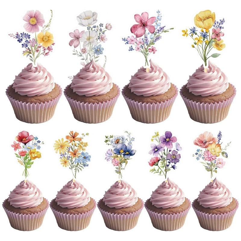 18Pcs Boho Wildflower Cupcake Toppers – Birthday & Baby Shower Cupcake Toppers Babs 18pcs