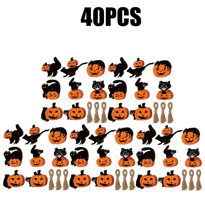 Wooden Halloween Ornaments – Pumpkin & Black Cat Hanging Set Halloween Ornament Set Babs 5Set