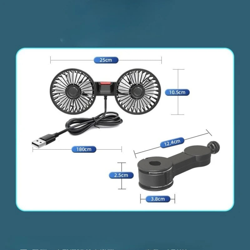 Dual Head USB Car Fan – 3-Speed Adjustable Backseat Cooling USB Car Fan Babs