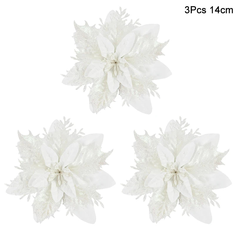 3pcs Glitter Artificial Christmas Flowers Berry Xmas Tree Decor Christmas Tree Ornament Babs White