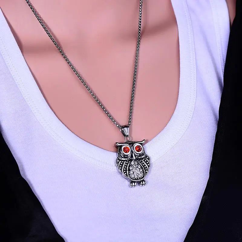 Retro Owl Gemstone Necklace – Titanium Steel Unisex Jewelry Pendant Necklace Babs
