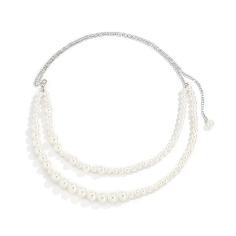 Pearl Geometric Double Waist Chain – Women's Metal Body Chain Body Waist Chain Babs white
