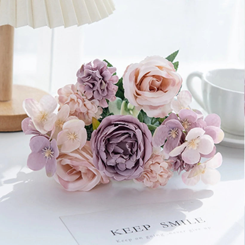 Silk Peony Rose Hydrangea Artificial Flower Bouquet | Home Décor Artificial Flower Bouquet Babs PURPLE 1 pc