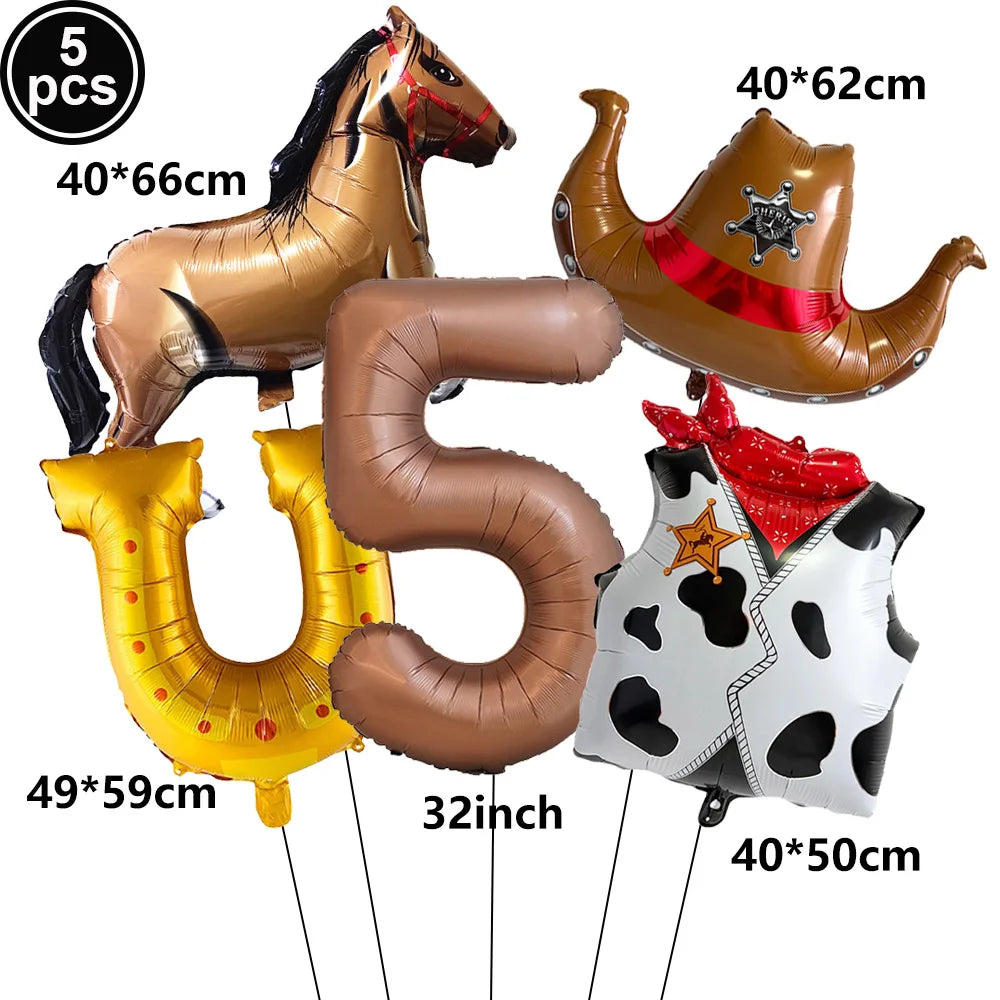 5-Pc Western Cowboy Foil Balloon Set | Rodeo Birthday Party Decor Party Foil Balloons Babs Marble As pictures show