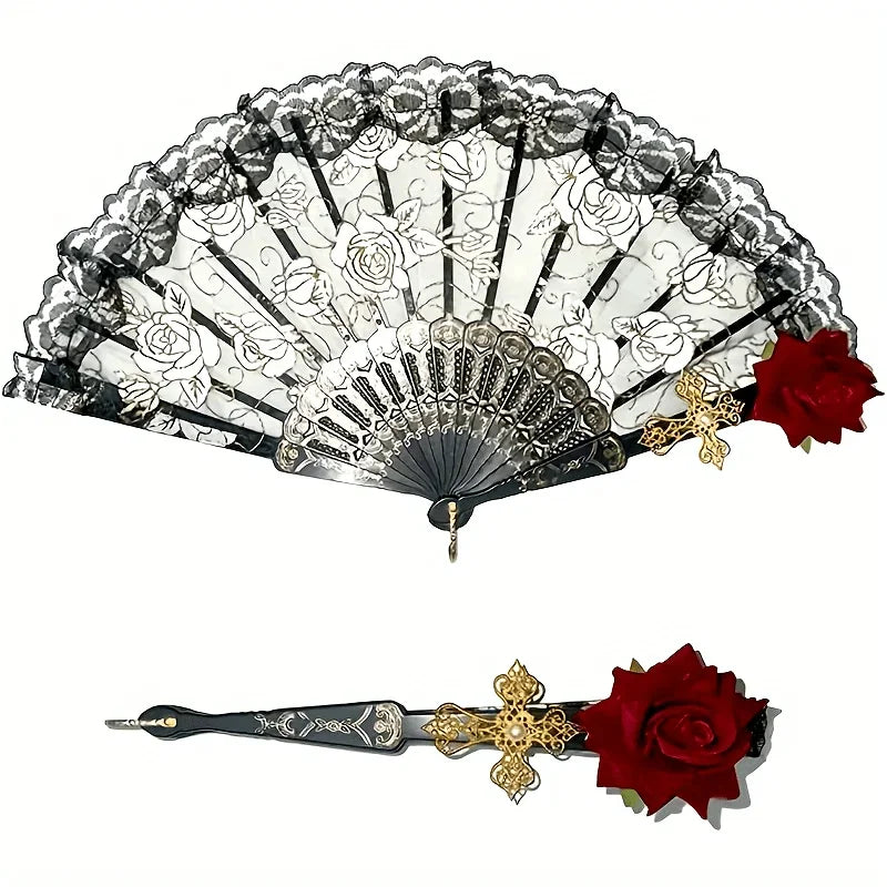 Elegant Vintage Flamenco Rose Lace Folding Fan | Gift Folding Hand Fan Babs