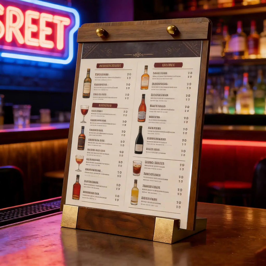 Acrylic Table Sign Holder with Walnut Wood Base – A4 Tabletop Sign Holder Babs
