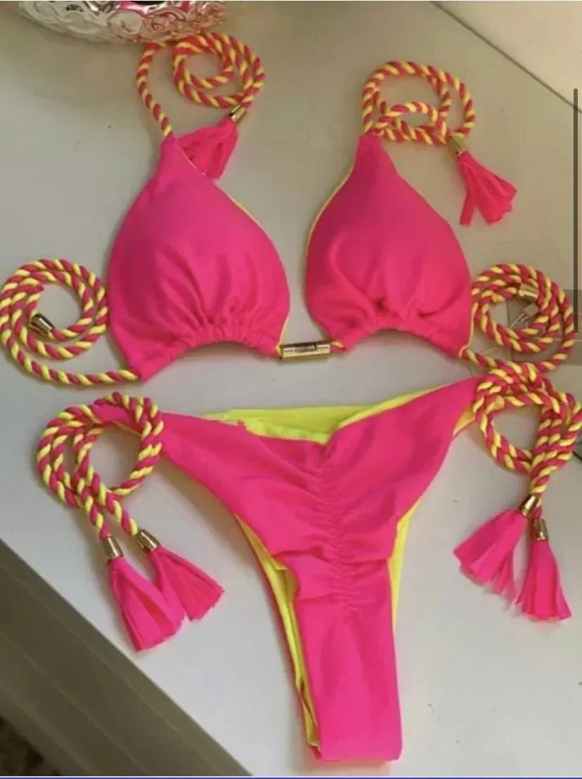 Women's Backless Lace-Up Triangle Bikini Set – Multicolor Bikini Swimsuit Set Babs F M