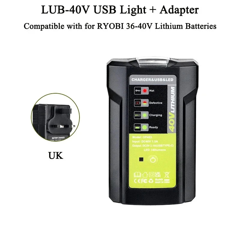 Ryobi 40V Battery Adapter USB Type-C 5V 2.1A LED Work Light Battery Power Adapter Babs UK plug