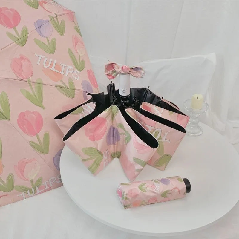 Tulip Print Auto Folding Umbrella – UPF 50+ UV Parasol Foldable UV Umbrella Babs