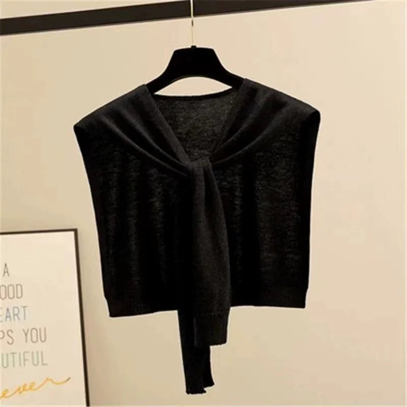 Korean Striped Knit Shawl Cape Scarf – Fake Collar, Unisex Knit Shawl Cape Babs Black 10PCS