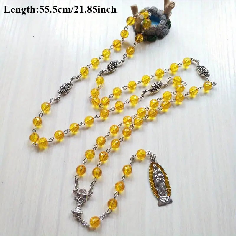 Orange Clear Rosary Bead Cross Necklace – Unisex Y-Shape Rosary Bead Necklace Babs