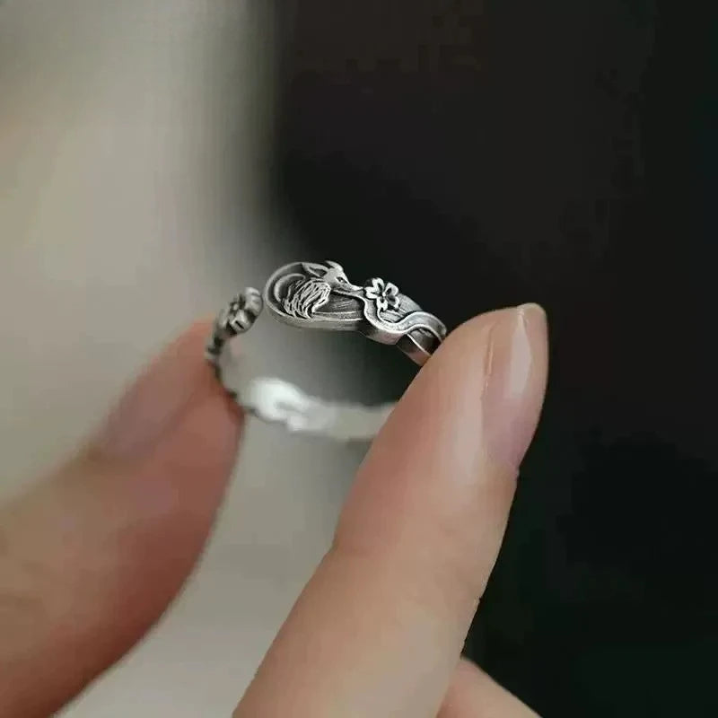 Retro Nine-Tailed Fox Open Ring – Chinese Cherry Blossom Style Fashion Cocktail Ring Babs