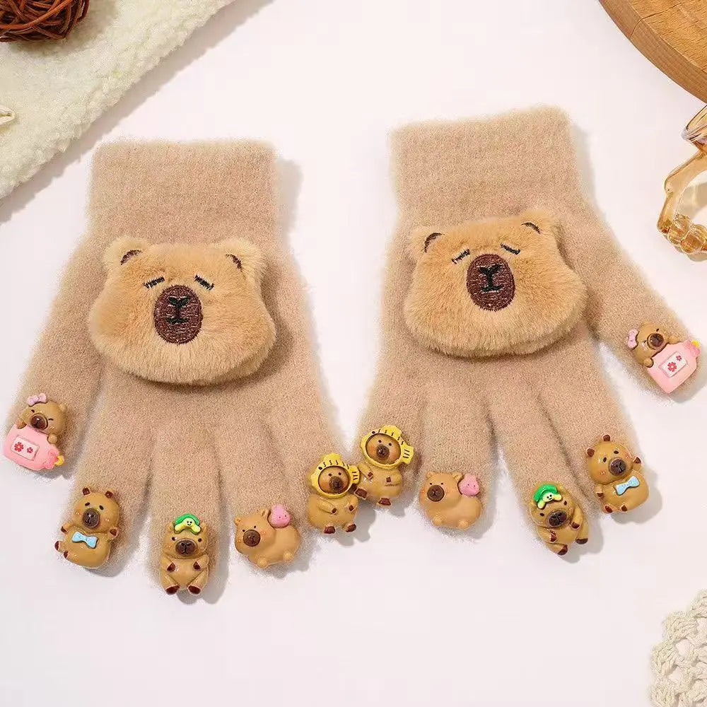 Cute Capybara Plush Knit Winter Gloves for Women Winter Knit Gloves Babs One Size A