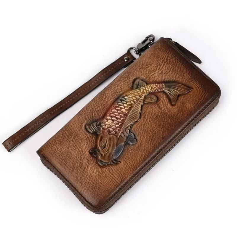 Genuine Leather Clutch Wallet – Golden Fish Embossed Wristlet Leather Clutch Wallet Babs brown