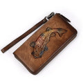 Genuine Leather Clutch Wallet – Golden Fish Embossed Wristlet Leather Clutch Wallet Babs brown