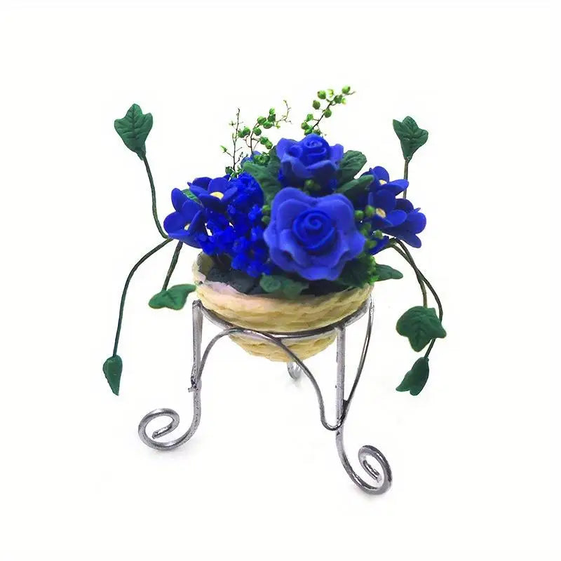 1:12 Miniature Clay Rose Potted Bonsai with Iron Fence Dollhouse Dollhouse Miniature Ornament Babs