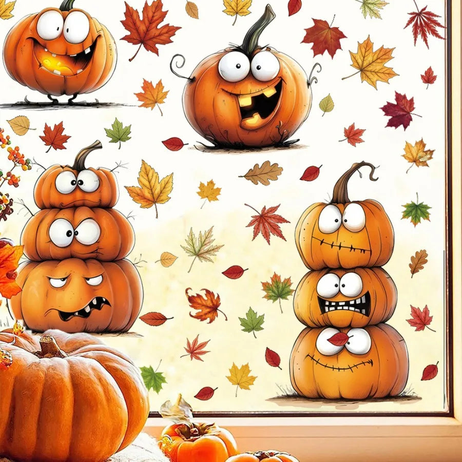 6PCS Autumn Static Cling Window Stickers | Pumpkin & Maple Leaf Window Cling Stickers Babs