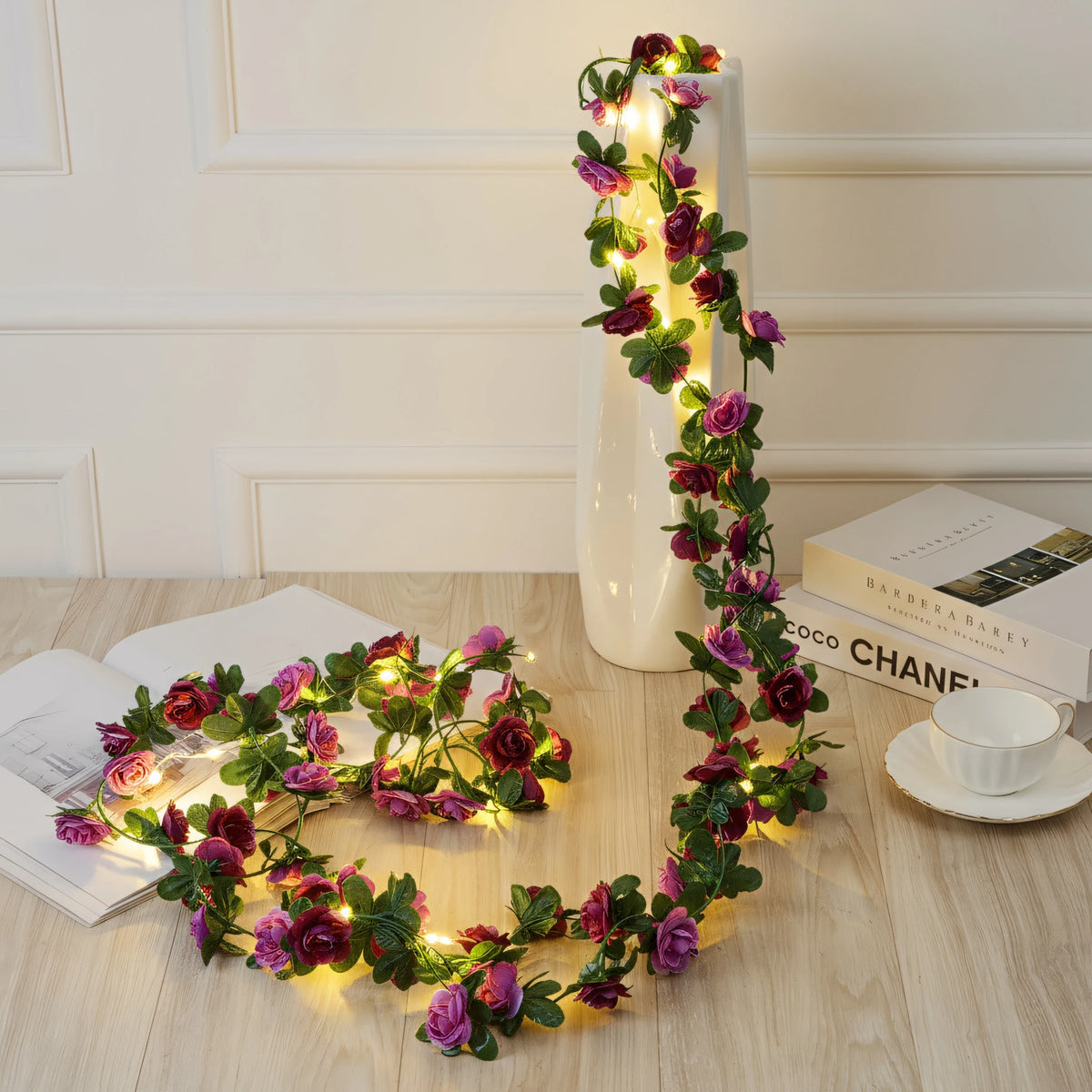Artificial Rose Vine LED String Lights Hanging Garland Decor Floral LED Garland Babs Spring Purple Three AA Batteries