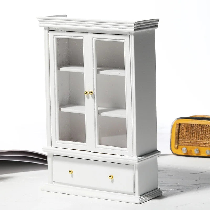1:12 Dollhouse Miniature White Double Door Glass Cabinet Dollhouse Miniature Furniture Babs 1PCS