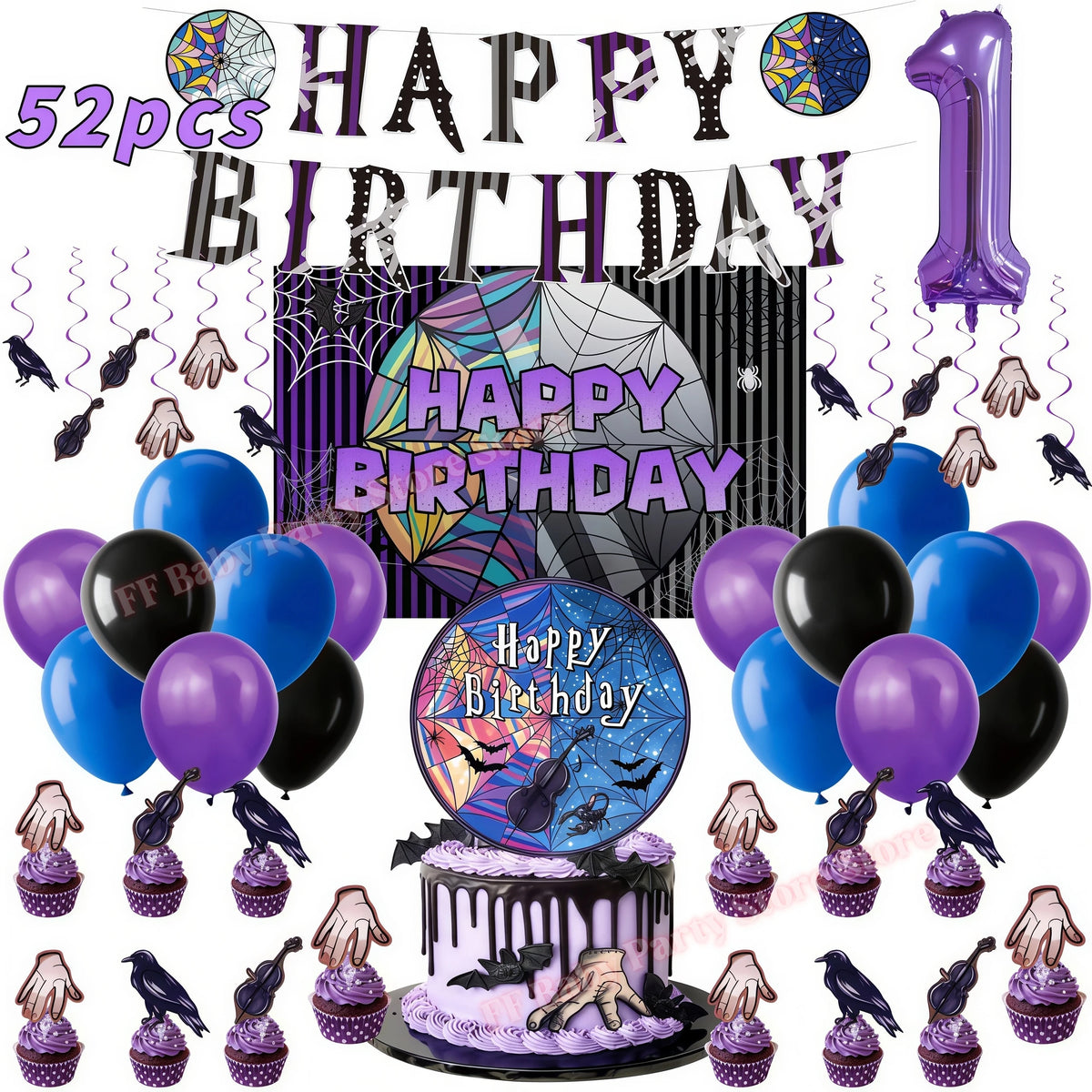 Addams Dark Academia Birthday Party Kit – Balloons, Plates & Backdrop Party Decoration Kit Babs 52pcs Numer1 others