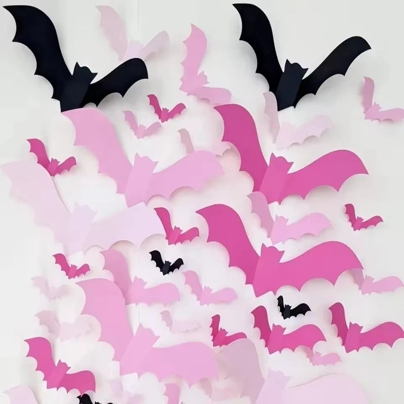 24/48Pcs 3D Halloween Pink Bat Wall & Window Stickers – DIY Decal Halloween Wall Stickers Babs