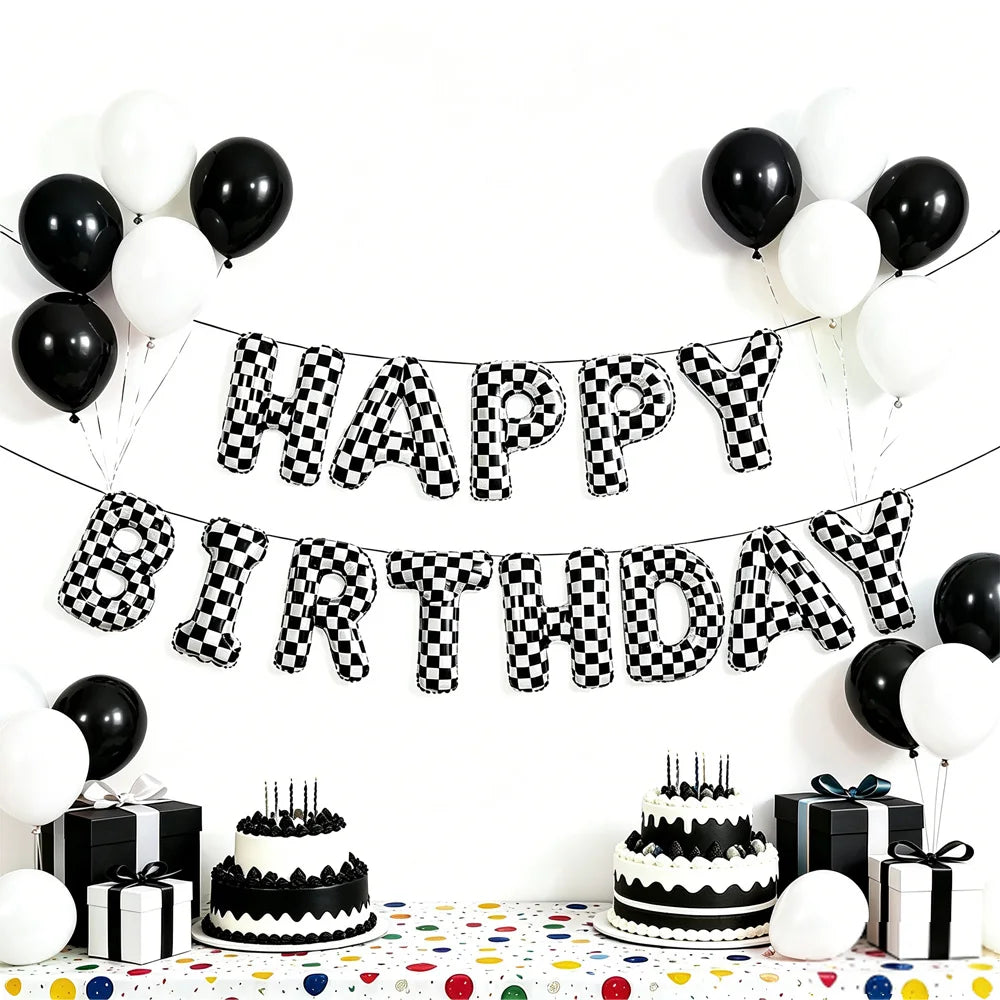 Racing Car Birthday Foil Balloon Banner – Black & White 16" Party Foil Balloons Babs