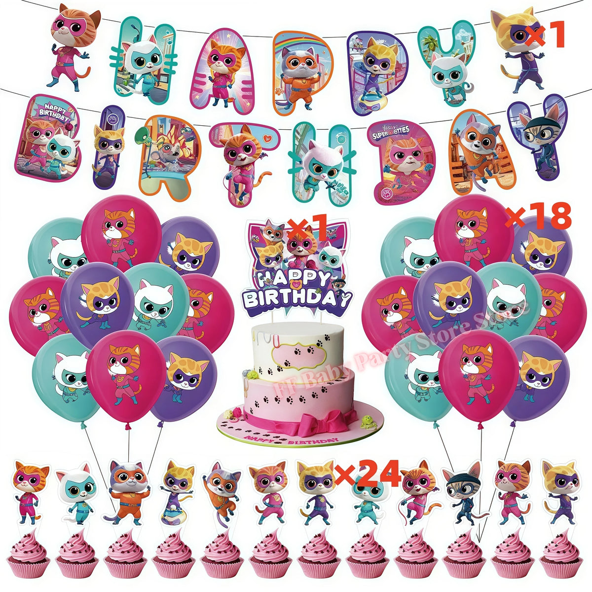 Cat Kitty Birthday Party Supplies – Plates, Cups & Balloons Set Party Supply Kit Babs 1set