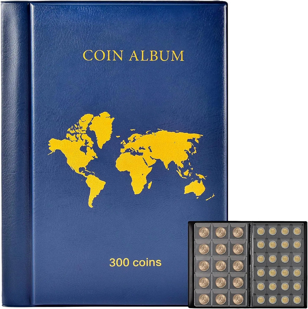 300-Pocket Coin Collection Album – PU Leather Display Book Coin Collection Album Babs Blue