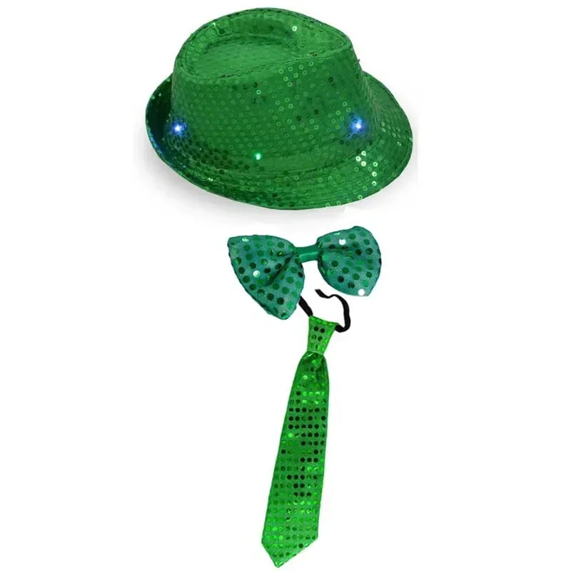 LED Light Up Sequin Jazz Hat & Tie Set | Party Costume LED Party Costume Set Babs light up green Children size