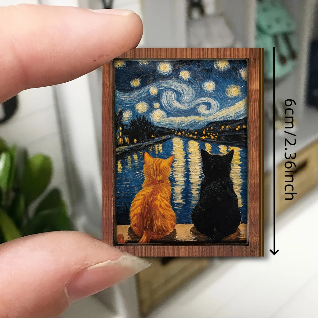 Mini Starry Night Cat Framed Art – Van Gogh Inspired Desk Decor Framed Desk Ornament Babs