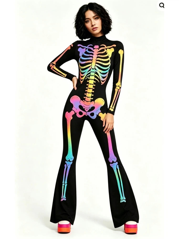 Women's Rainbow Skeleton Flared Catsuit Halloween Jumpsuit Halloween Costume Babs