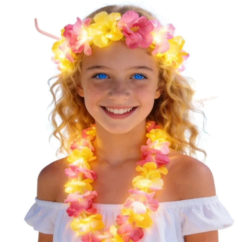 15-Pack LED Hawaiian Lei Flower Headbands & Necklaces for Parties LED Party Lei Set Babs